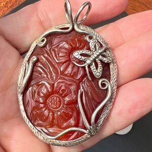 Vintage Carved Carnelian Stone/Sterling Pendant